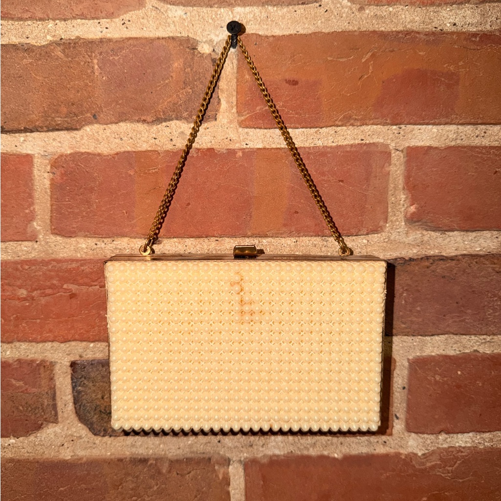 Vintage Ivory Pearl Box Clutch With Chain Handle